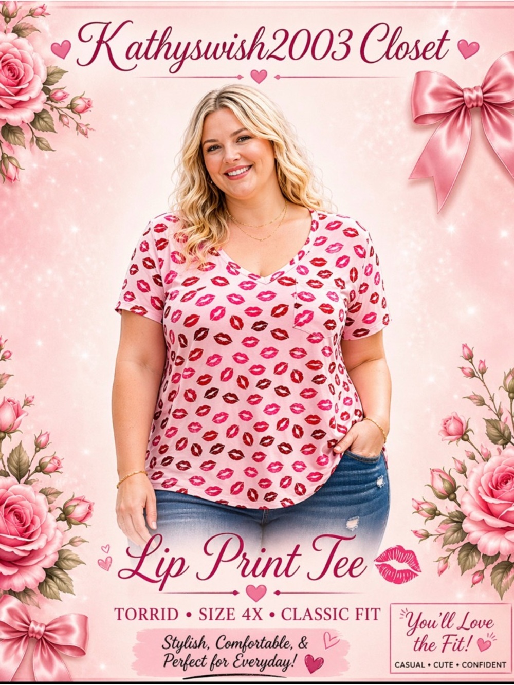 Torrid Plus Size 4X Pink Hot Red Lip Print Classic Fit Chest Pocket Tee
